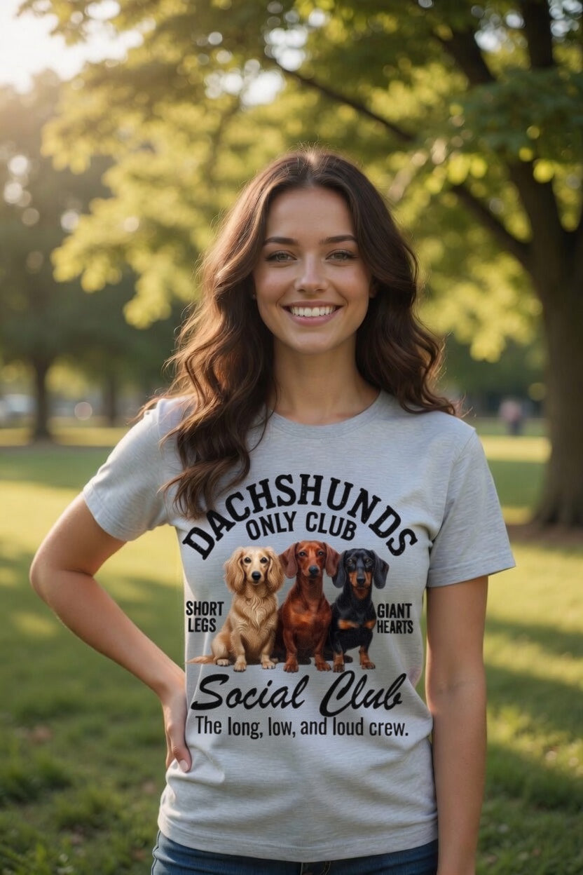 Woman wearing the heather grey Dachshunds Only Club Social Club tee