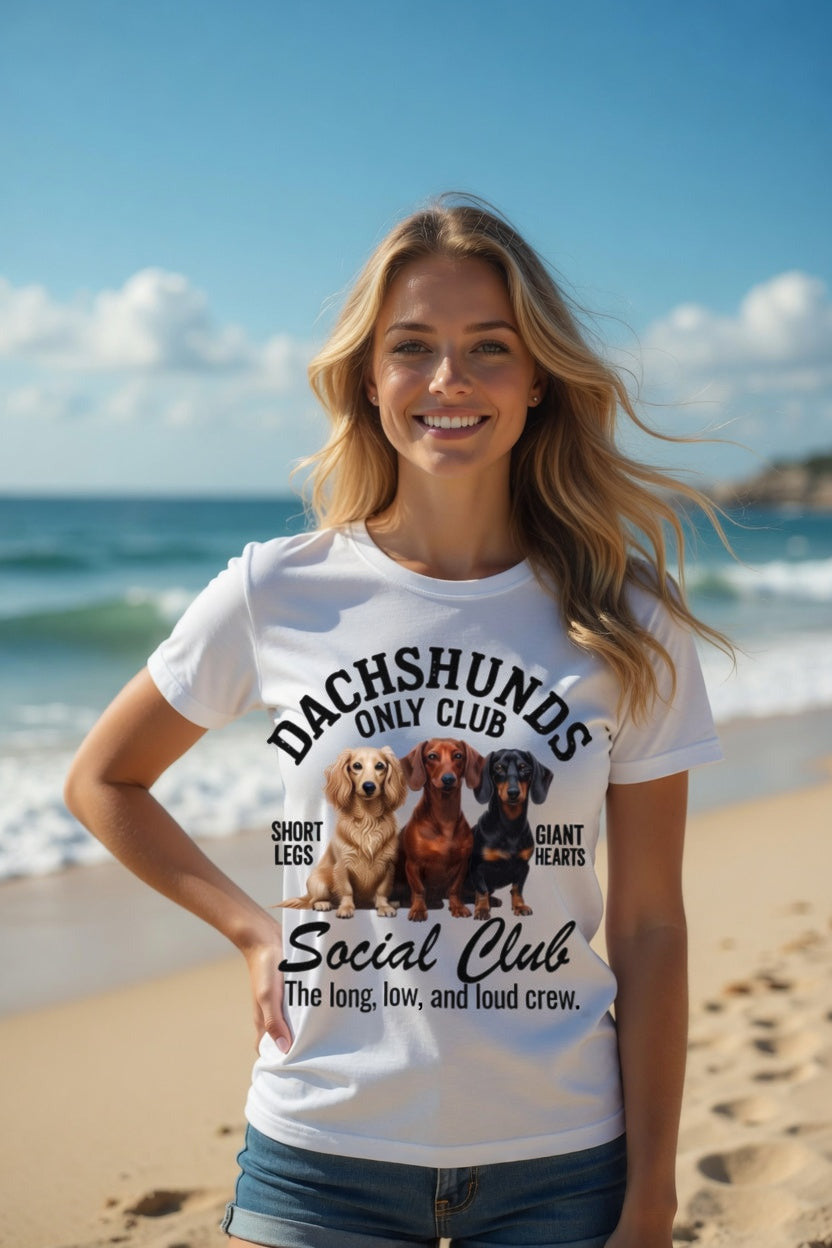 Woman wearing the white Dachshunds Only Club Social Club tee