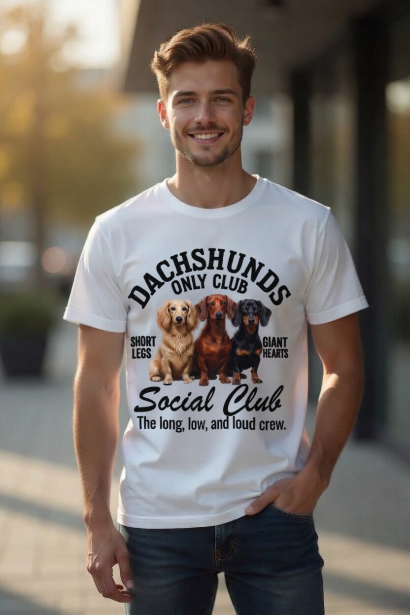 Man wearing the white Dachshunds Only Club Social Club tee