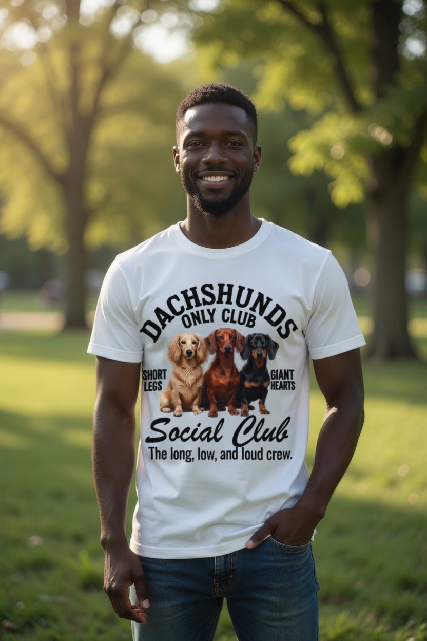 Man wearing the white Dachshunds Only Club Social Club tee